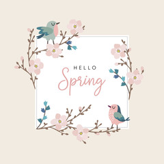 Hello spring greeting card, invitation with cute hand drawn birds and cherry tree branches with pink blossoms. Easter concept. Vector illustration background.