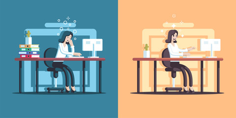 Businesswoman sitting at desk with full energy and low charge. Girl employee in the morning at work and at the end of the day flat vector illustration. Business concept of workload and energy balance
