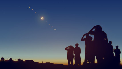 People are watching a solar eclipse in the sky with stars.  - obrazy, fototapety, plakaty