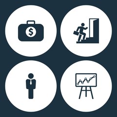 Vector Illustration Set Business Icons. Elements Case with dollar, Running Businessman, vector of businessman or manager and diagram up icon