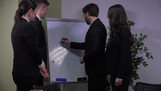 Diverse business team standing working white board flip chart successful executives meeting 