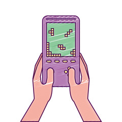 hand holding video game device retro vector illustration