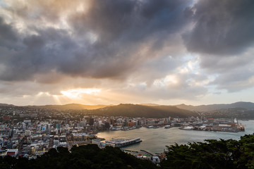 Wellington New Zealand seen from Mount Victoria during sunset. 