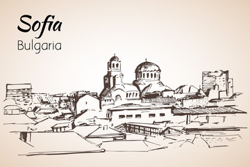 Sofia city panorama, Bulgaria. Sketch. Isolated on white background