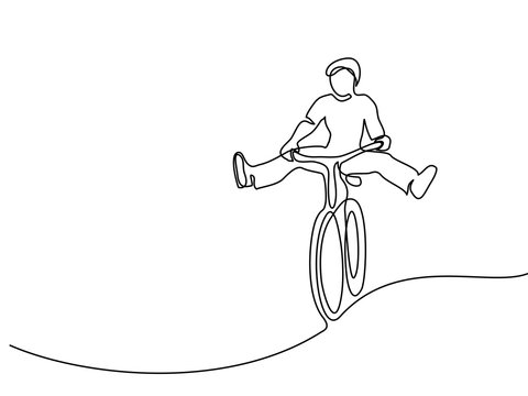 Continuous line drawing. Man on a bicycle have fun. Drawn by hand. Icon, vector illustration, picture, tattoo