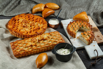 Assorted homemade rustic american style apple, berry, chocolate and lemon meringue pies