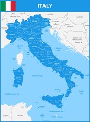 The detailed map of the Italy with regions or states and cities, capital. With sea objects and islands. And parts of neighboring countries