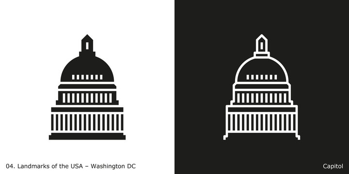 United States Capitol Icon - Washington DC. Famous American landmark icon in line and glyph style.