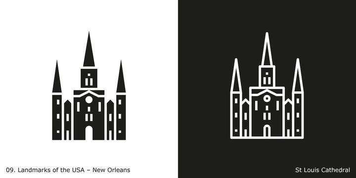 St Louis Cathedral Icon - New Orleans. Famous American landmark icon in line and glyph style.