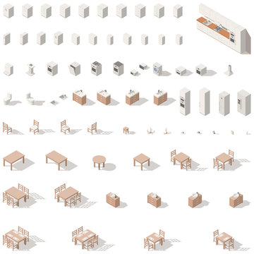 Kitchen and bathroom low poly isometric icon set