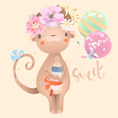 Cute baby safari animal monkey with balloons, flowers, floral wreath, baby milk bottle and tied bows. Adorable monkey cartoon character