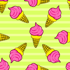Cute kids ice cream pattern for girls and boys. Colorful ice cream on the abstract grunge background create a fun cartoon drawing. The pattern is made in pink colors. Urban ice cream pattern