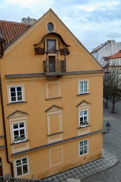 CZECH REPUBLIC, PRAGUE - JAN 28, 2018: A typical old Prague house near the Charles Bridge with picture of Virgin Mary