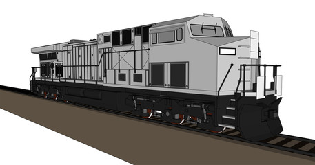 Modern diesel railway locomotive with great power and strength for moving long and heavy railroad train. Vector illustration with outline stroke lines. © whitecityrecords