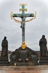 Statuary of the Holy Crucifix and Calvary on Charles Bridge in Prague, Czech Republic