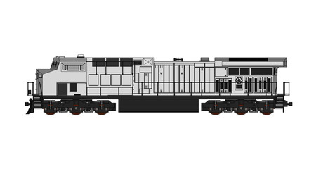 Modern diesel railway locomotive with great power and strength for moving long and heavy railroad train. Vector illustration with outline stroke lines. © whitecityrecords