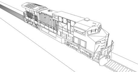 Modern diesel railway locomotive with great power and strength for moving long and heavy railroad train. Vector illustration with outline stroke lines. © whitecityrecords