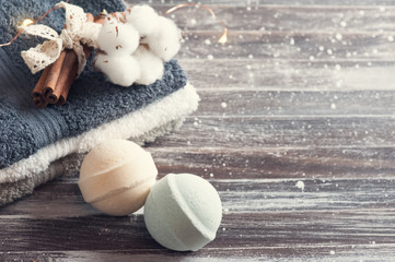 Bath accessories on rustic wooden table