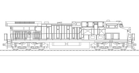 Modern diesel railway locomotive with great power and strength for moving long and heavy railroad train. Vector illustration with outline stroke lines. © whitecityrecords