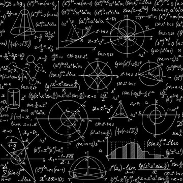 Endless mathematical vector seamless pattern with geometrical figures, plots and equations, handwritten with chalk on a blackboard