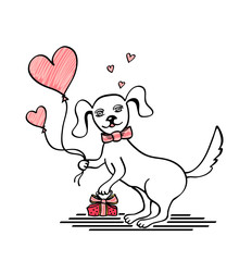 Dog with gift and  balloons in the form of  heart. Handmade drawing in doodle cartoon style with marker effect  in black pink on white. Concept Love story for congratulation of Valentines Day  