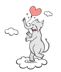 Elephant in clouds with balloon  in the form of heart. Handmade drawing in doodle cartoon style with marker effect  in black pink on white. Concept Love story for congratulation of Valentines Day  
