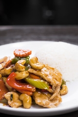 Cashew nuts chicken stir-fry served with white rice