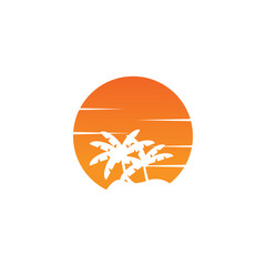 Negative space circle palm tree and orange sun logo design concept vector