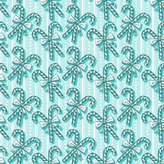 Candy Cane Seamless Pattern. Sketch Christmas Candies On Blue Background Doodle Vintage Vector Illustration. Winter Holidays Decoration With Traditional Sweets Ornament
