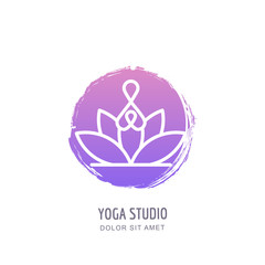 Vector yoga studio logo, emblem, label design template. Abstract human in lotus position on watercolor circle background. Linear woman silhouette and lotus flower symbol.