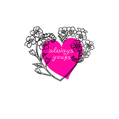 Wedding or Valentines Day Design in Glamour Style with Heart and Forget-me-not Flowers and Text Always yous. Romantic Template for Valentine's Day Greeting Card or Poster.