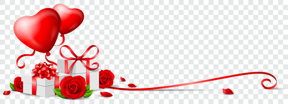 Valentinstag Geschenk mit Blumen, Herz Luftballons und Schleifenband Hintergrund transparent