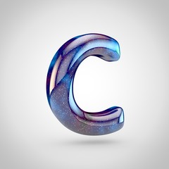 3D render of galaxy letter C uppercase with glittering stars and cosmic nebula isolated on white background.