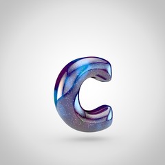 3D render of galaxy letter C lowercase with glittering stars and cosmic nebula isolated on white background.
