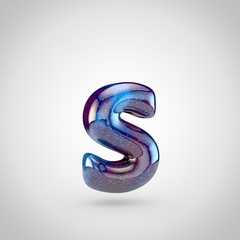 Fototapeta premium 3D render of galaxy letter S lowercase with glittering stars and cosmic nebula isolated on white background.