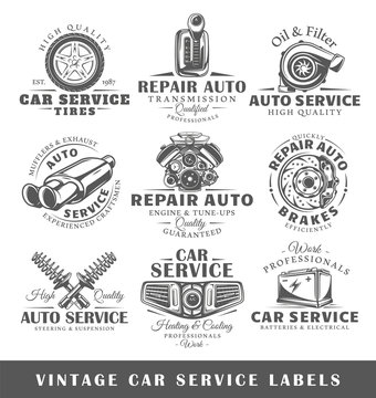 Set of vintage car service labels