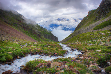 Fototapeta na wymiar Powerful stream of mountain river running down the valley among alpine meadow against the background of ridges and clouds.