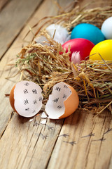 Concept of an escaped from egg of young chicken.Colourful Easter eggs in the nest. On wooden rustic background.Creative Easter background.Selective focus.Chicken eggs.Closeup