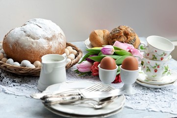 Easter breakfast, high tea, table setting for a festive dinner