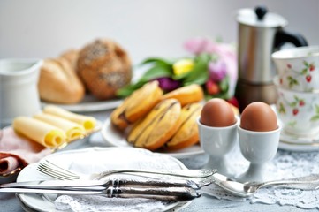 Easter breakfast, high tea, table setting for a festive dinner