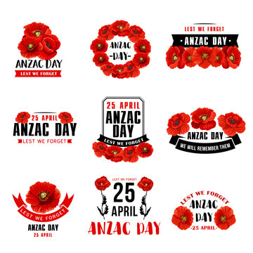 Anzac Day 25 April red poppy vector icons