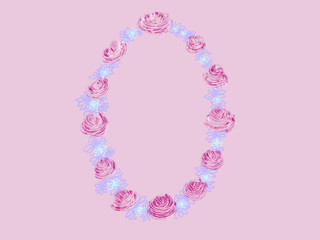 Colorful hand drawn abstract doodle frame with pink rose and blue flower for greeting card on the pink background, cartoon floral illustration painted by oil color, high quality