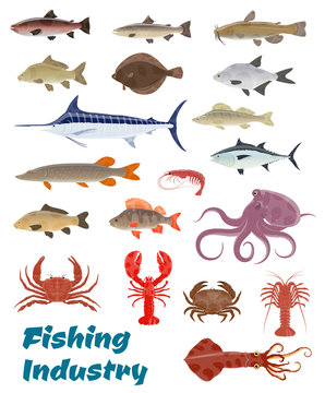 Vector fresh fish catch icons for fishery industry