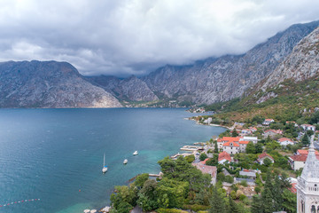 Fototapeta na wymiar Aerial view of the village of Dobrota and St.Eustace's Church. Montenegro.