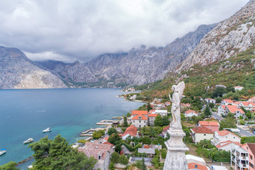 Aerial view of the village of Dobrota and St.Eustace's Church. Montenegro.
