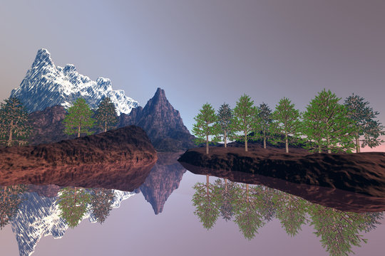 Beautiful lake, an alpine landscape, trees on the ground, reflection on water and a snowy peak in the background.