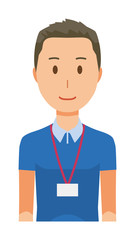 A male staff wearing a nameplate is standing - upper body