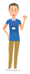 A male staff wearing nameplate raised one fist