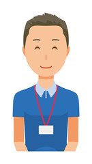 A male staff wearing a nameplate is smiling - upper body