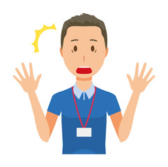 A male staff wearing a nameplate is surprised - upper body